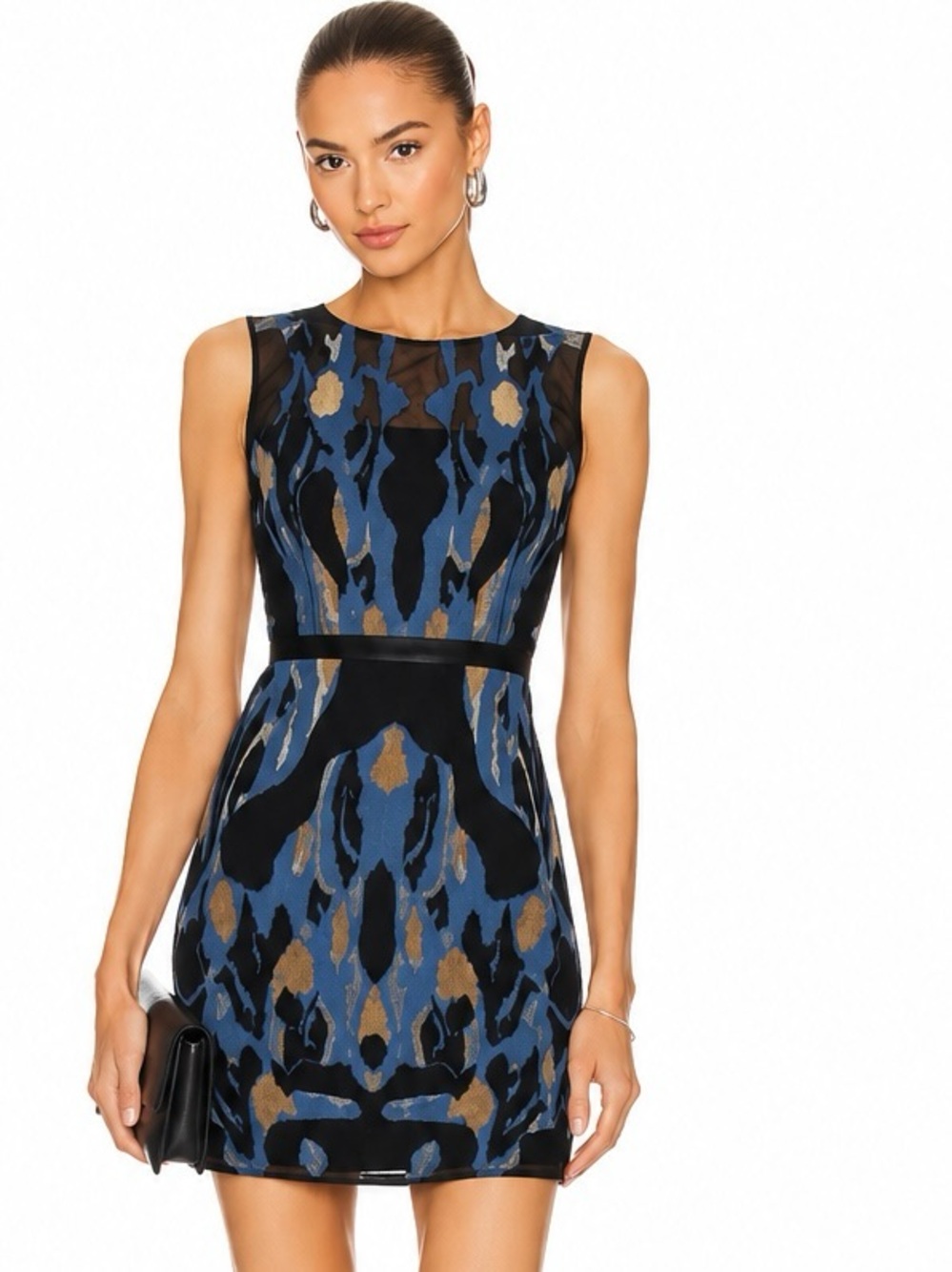 REISS Blue Black Gold Sheath Dress Sheer Cutout Abstract Print Cocktail Mini